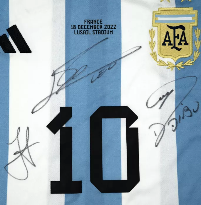 Icons Julian Alvarez Emiliano Martinez & Lionel Messi Official 2022 FIFA World Cup™ Front Signed And Framed Argentina 2022 Home Shirt