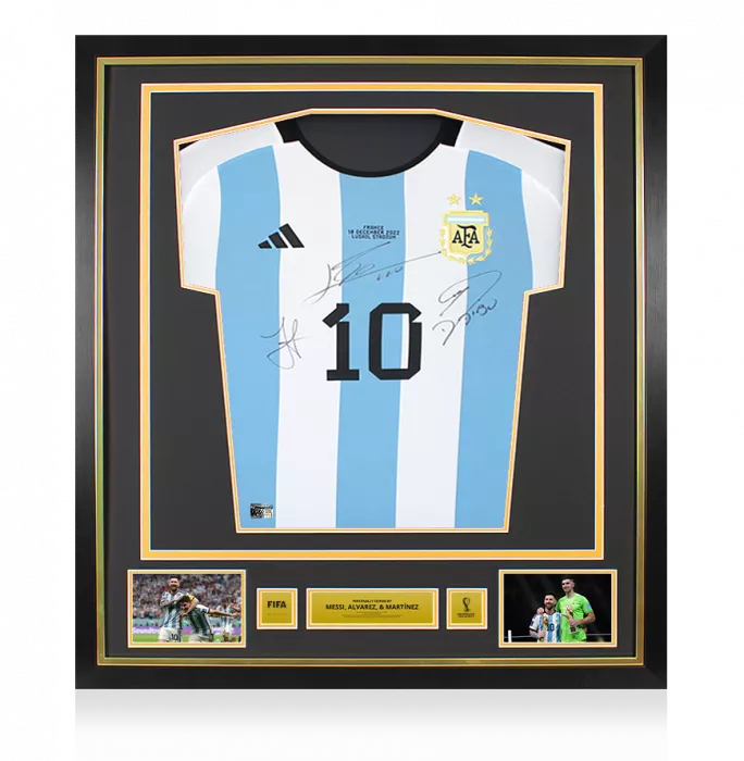 icons Julian Alvarez Emiliano Martinez & Lionel Messi Official 2022 FIFA World Cup™ Front Signed and Framed Argentina 2022 Home Shirt