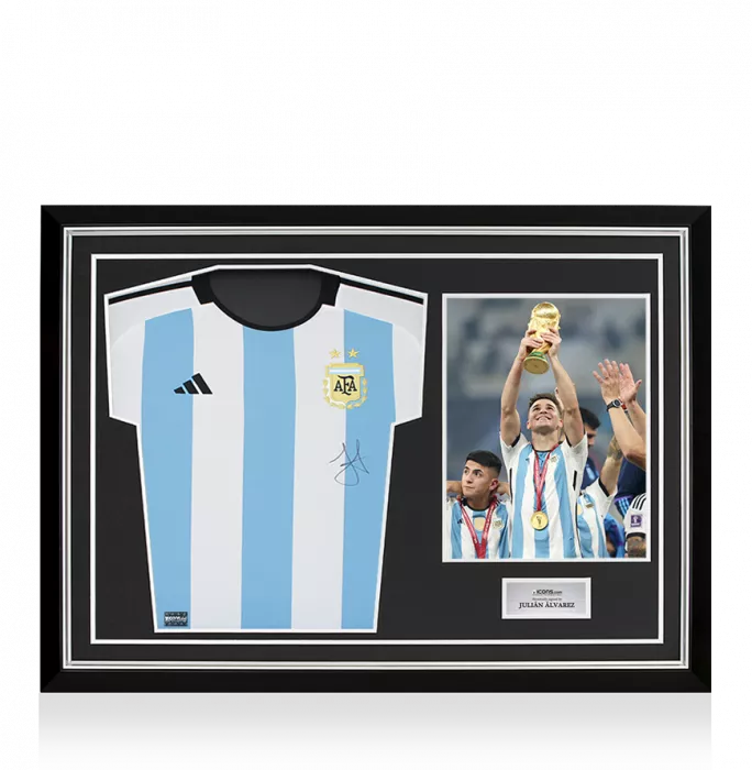 icons Julian Alvarez Front Signed Argentina 2022 Home Shirt In Hero Frame: Option 1