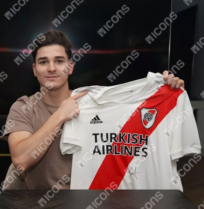Icons Julian Alvarez Front Signed River Plate 2020-21 Home Shirt In Classic Frame