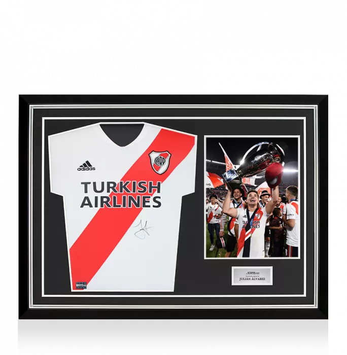 icons Julian Alvarez Front Signed River Plate 2020-21 Home Shirt In Hero Frame: Option 1