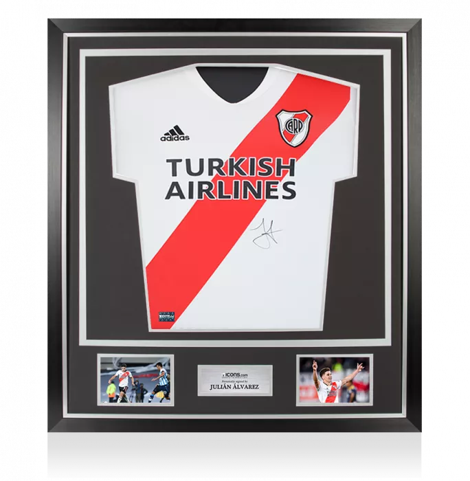 icons Julian Alvarez Front Signed River Plate 2020-21 Home Shirt In Classic Frame