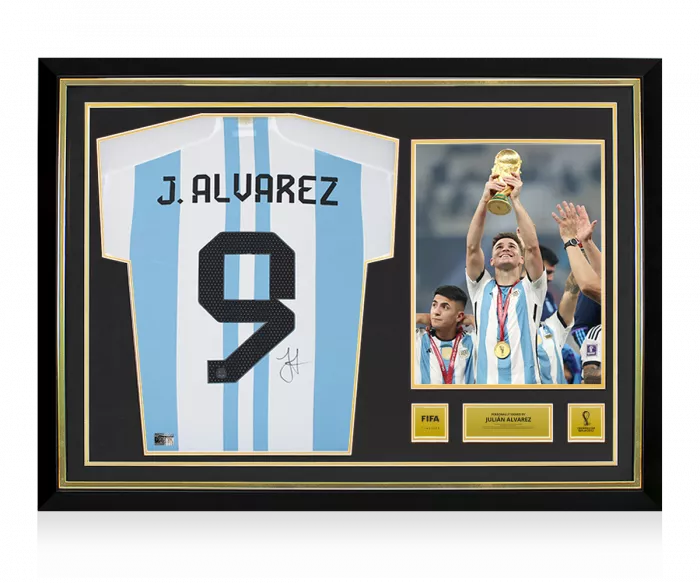 icons Julian Alvarez Official 2022 FIFA World Cup™ Back Signed and Hero Framed Argentina 2022 Home Shirt