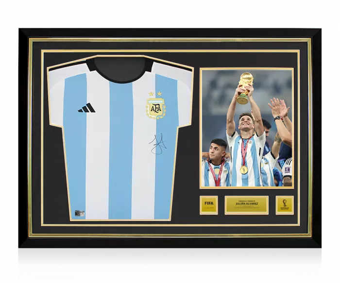 icons Julian Alvarez Official 2022 FIFA World Cup™ Front Signed and Hero Framed Argentina 2022 Home Shirt