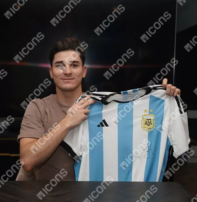 Icons Julian Alvarez Official 2026 FIFA World Cup™ Front Signed And Hero Framed Argentina 2022 Home Shirt