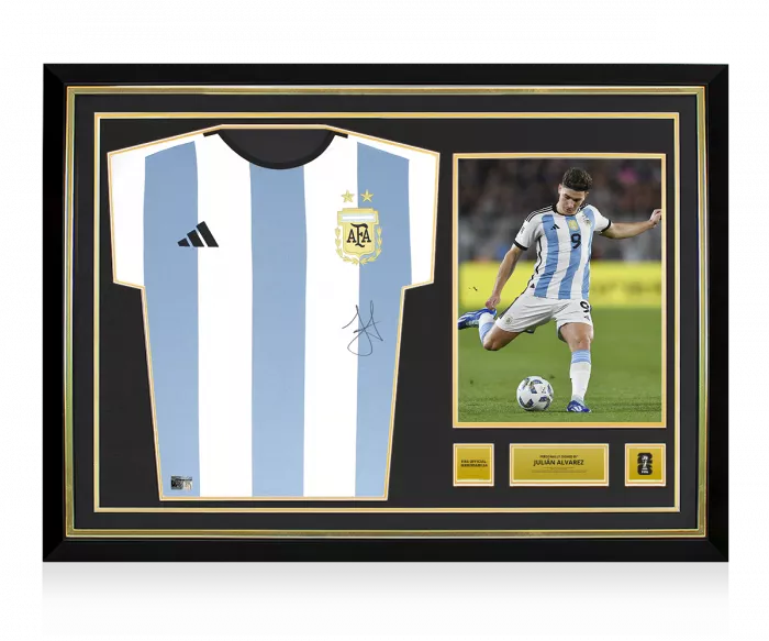 icons Julian Alvarez Official 2026 FIFA World Cup™ Front Signed and Hero Framed Argentina 2022 Home Shirt