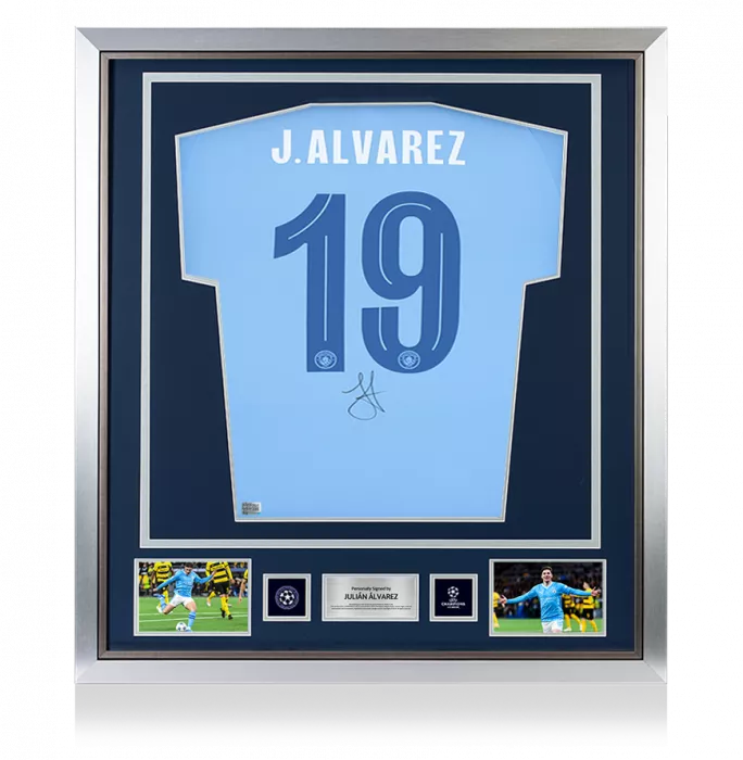 icons Julian Alvarez Official UEFA Champions League Back Signed and Framed Manchester City 2023-24 Home Shirt