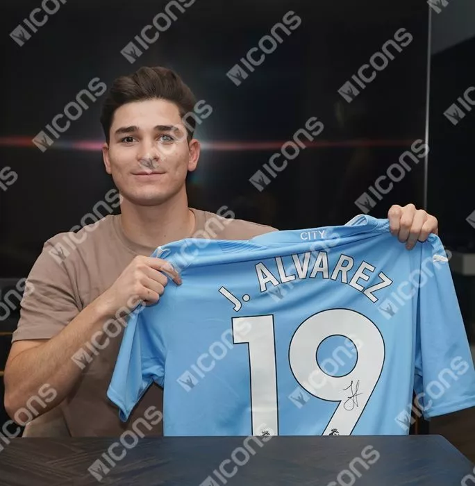 Icons Julian Alvarez Official UEFA Champions League Back Signed And Hero Framed Manchester City 2023-24 Home Shirt