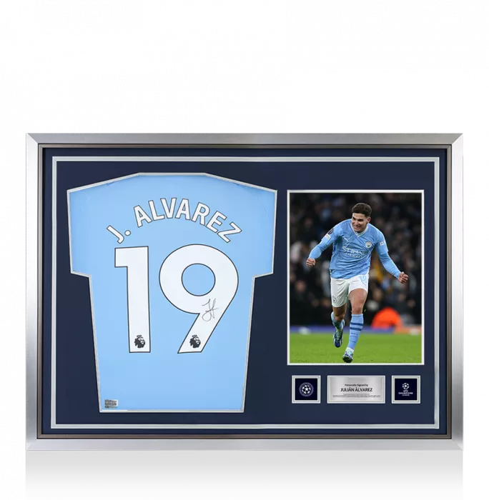 icons Julian Alvarez Official UEFA Champions League Back Signed and Hero Framed Manchester City 2023-24 Home Shirt