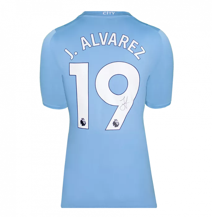 Icons Julian Alvarez Official UEFA Champions League Back Signed And Framed Manchester City 2023-24 Home Shirt
