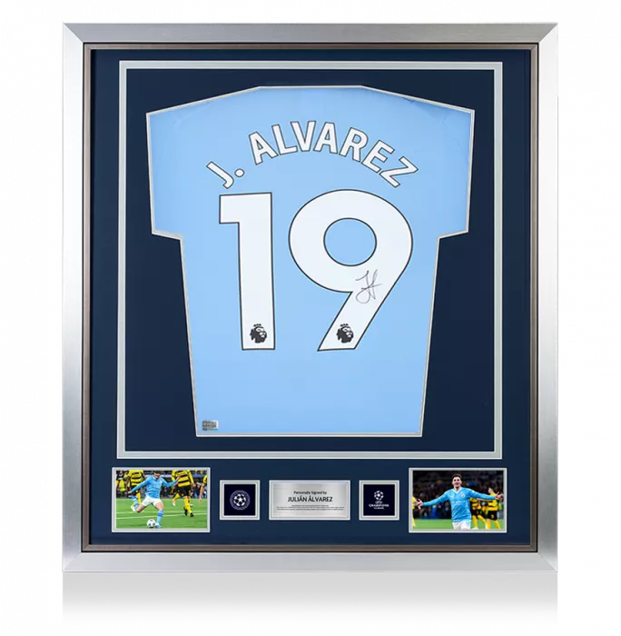 icons Julian Alvarez Official UEFA Champions League Back Signed and Framed Manchester City 2023-24 Home Shirt