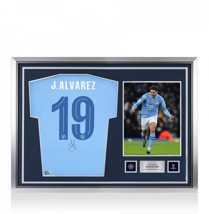 icons Julian Alvarez Official UEFA Champions League Back Signed and Hero Framed Manchester City 2023-24 Home Shirt