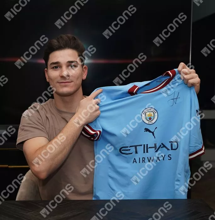 Icons Julian Alvarez Official UEFA Champions League Front Signed And Hero Framed Manchester City 2022-23 Home Shirt