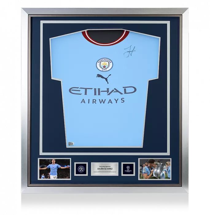 icons Julian Alvarez Official UEFA Champions League Front Signed and Framed Manchester City 2022-23 Home Shirt