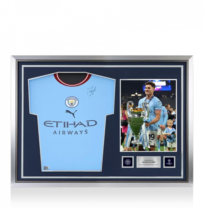icons Julian Alvarez Official UEFA Champions League Front Signed and Hero Framed Manchester City 2022-23 Home Shirt