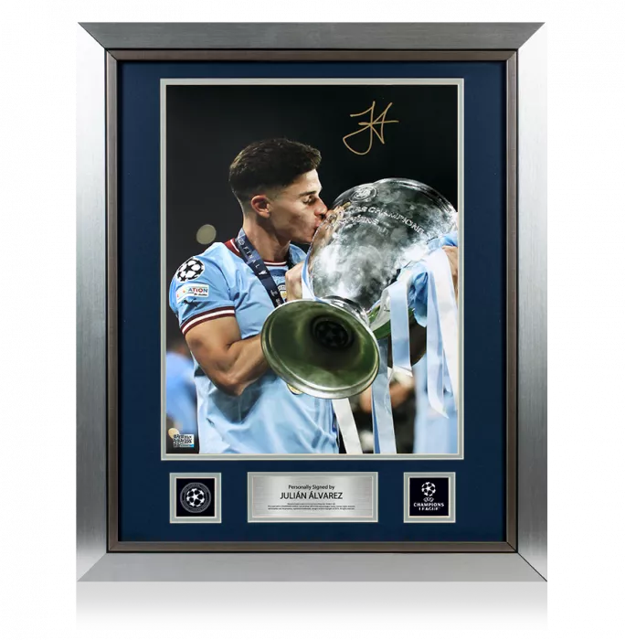 icons Julian Alvarez Official UEFA Champions League Signed and Framed Manchester City Photo: 2023 Winner