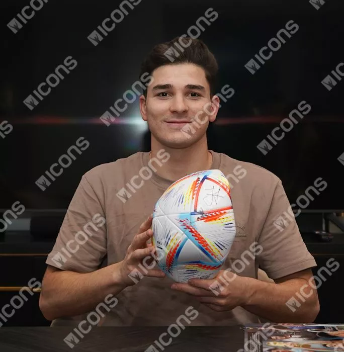 Icons Julian Alvarez Signed 2022 FIFA World Cup Football In Acrylic Case