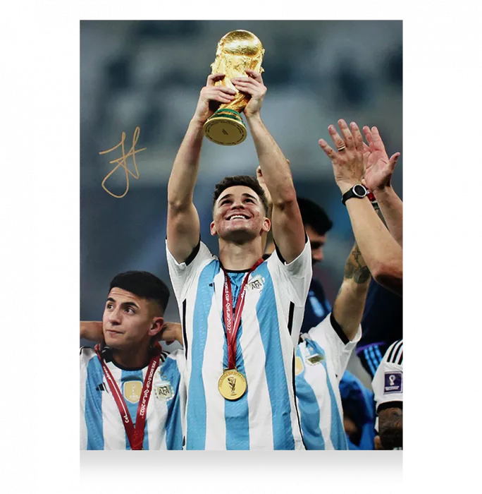 Icons Julian Alvarez Signed Argentina Photo In Black Wooden Frame: 2022 FIFA World Cup Winner Photo
