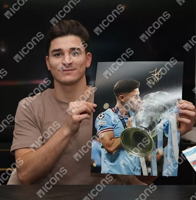 Icons Julian Alvarez Signed Manchester City Photo In Black Wooden Frame: 2023 UEFA Champions League Winner