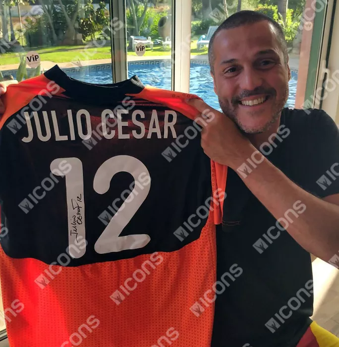 Icons Julio Cesar Back Signed Brazil 2000-02 Away Goalkeeper Shirt With Short Sleeves In Hero Frame