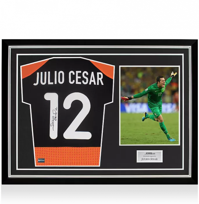 Icons Julio Cesar Back Signed Brazil 2000-02 Away Goalkeeper Shirt With Short Sleeves In Hero Frame