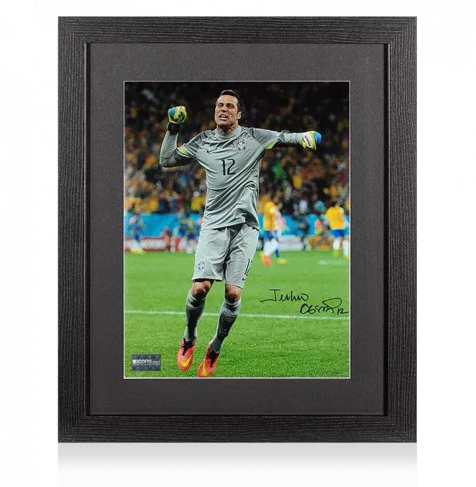 icons Julio Cesar Signed Brazil Photo In Black Wooden Frame: 2014 FIFA World Cup Victory vs Croatia