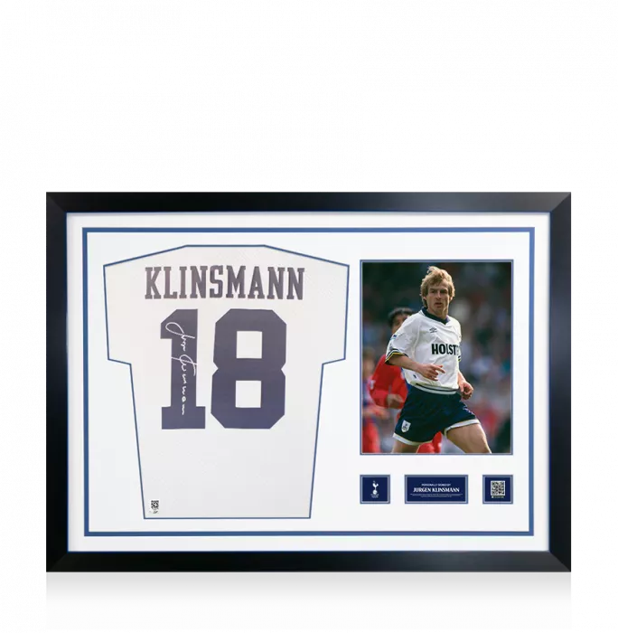 icons Jurgen Klinsmann Official Tottenham Hotspur Signed and Framed Retro Home Shirt