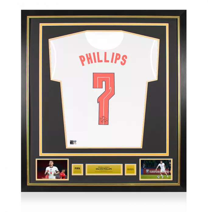 icons Kalvin Phillips Official FIFA World Cup™ Back Signed and Framed England 2020-21 Home Shirt