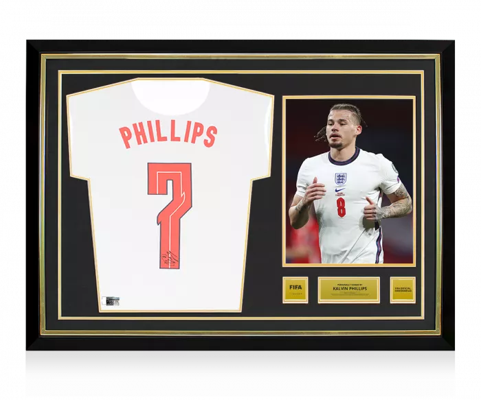icons Kalvin Phillips Official FIFA World Cup™ Back Signed and Hero Framed England 2020-21 Home Shirt