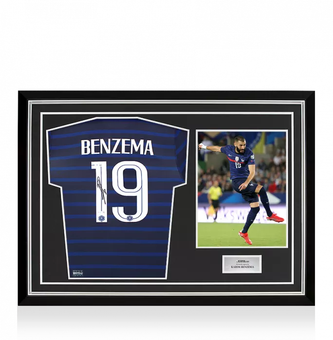 Icons Karim Benzema Back Signed France 2020 Home Shirt In Hero Frame: Option 1