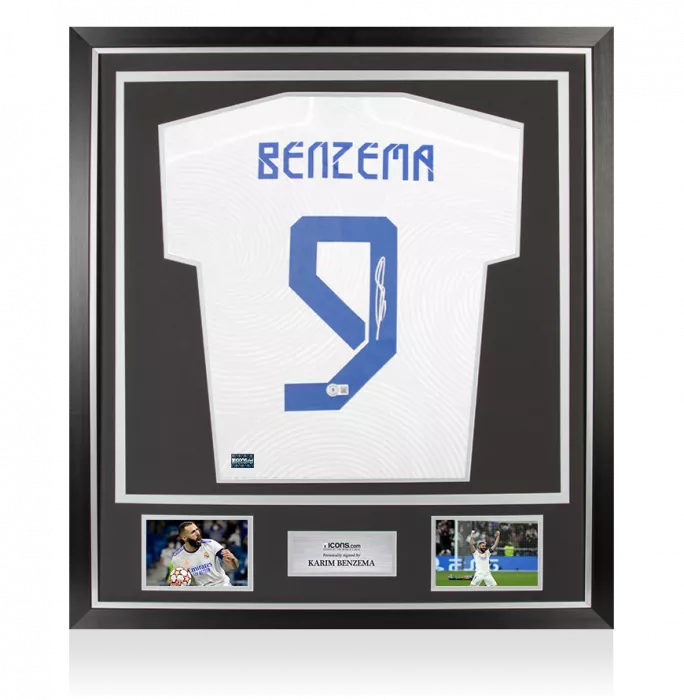 icons Karim Benzema Back Signed Real Madrid 2021-22 Home Shirt with Fan Style Numbers In Classic Frame