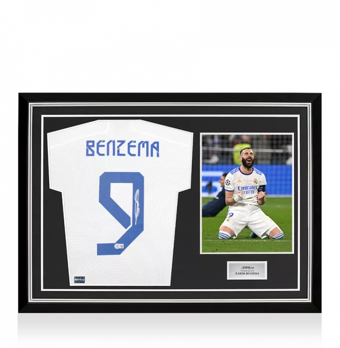 icons Karim Benzema Back Signed Real Madrid 2021-22 Home Shirt with Fan Style Numbers In Hero Frame: Option 1