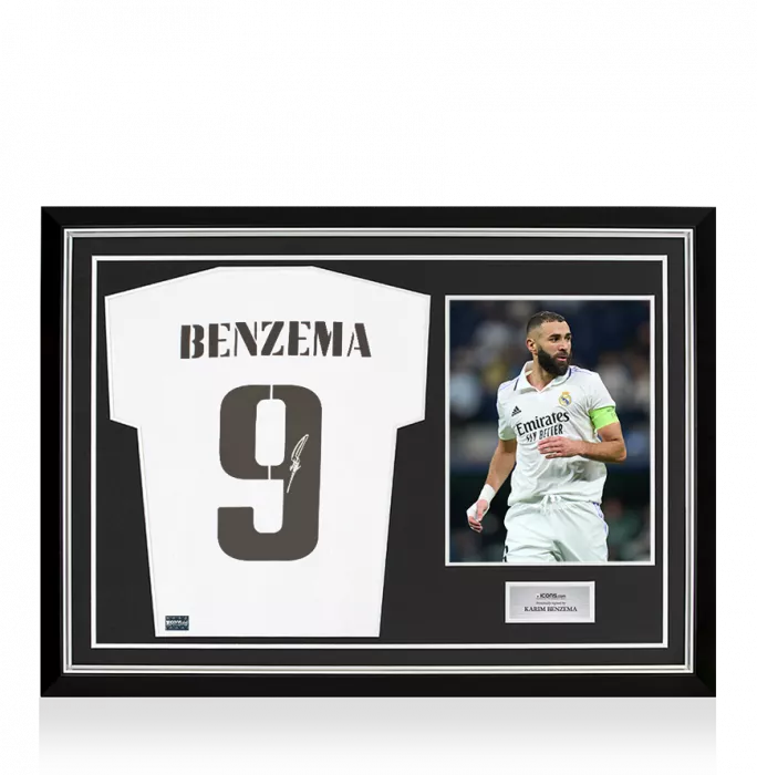 icons Karim Benzema Back Signed Real Madrid 2022-23 Home Shirt In Hero Frame: Option 1