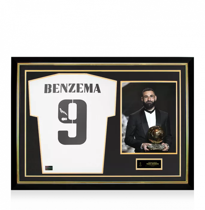 icons Karim Benzema Official Ballon d'Or™ Back Signed and Hero Framed Real Madrid 2022-23 Home Shirt
