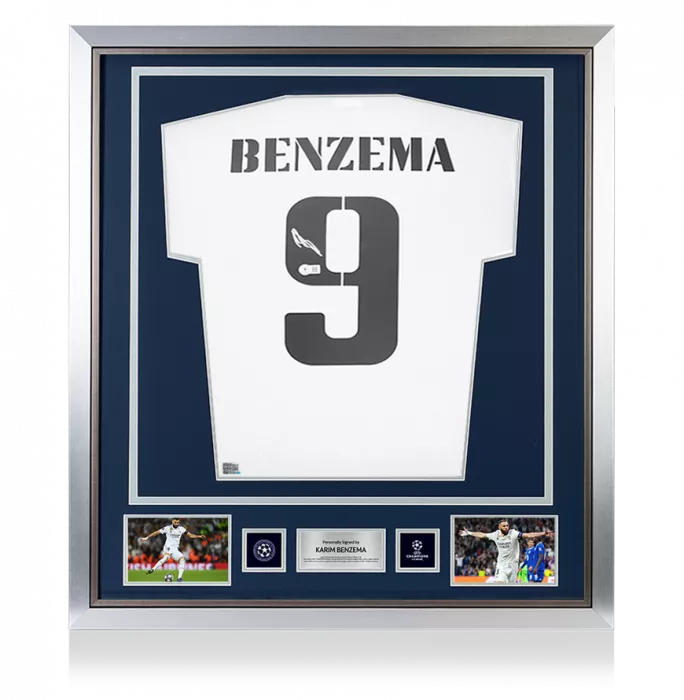 icons Karim Benzema Official UEFA Champions League Back Signed and Framed Real Madrid 2022-23 Home Shirt