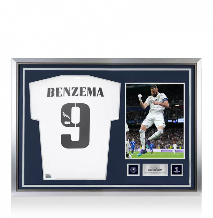 icons Karim Benzema Official UEFA Champions League Back Signed and Hero Framed Real Madrid 2022-23 Home Shirt
