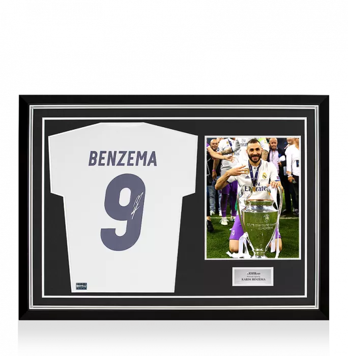 icons Karim Benzema Signed Real Madrid 2016-17 Home Shirt With Fan Style Number In Hero Frame: Option 1