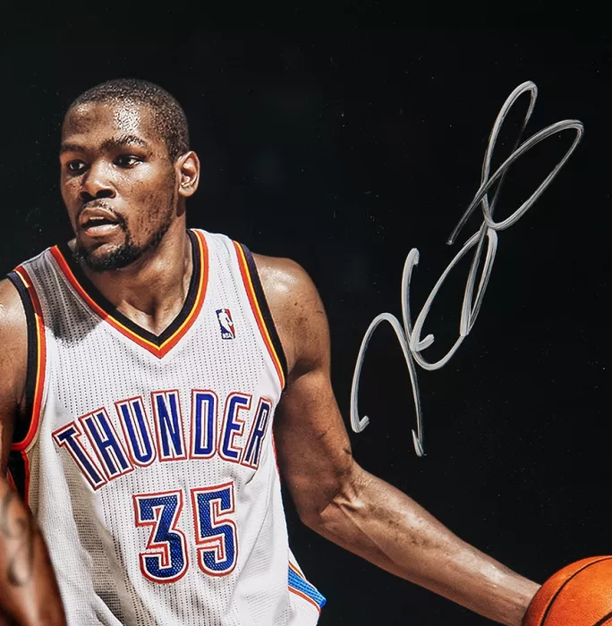 Icons Kevin Durant Signed Oklahoma City Thunder Photo: Taking On LeBron