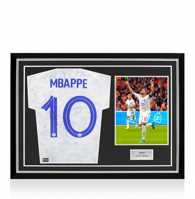 icons Kylian Mbappe Back Signed France 2022 Away Shirt In Hero Frame: Option 1