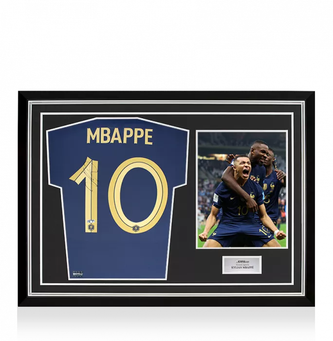icons Kylian Mbappe Back Signed France 2022 Home Shirt In Hero Frame: Option 1