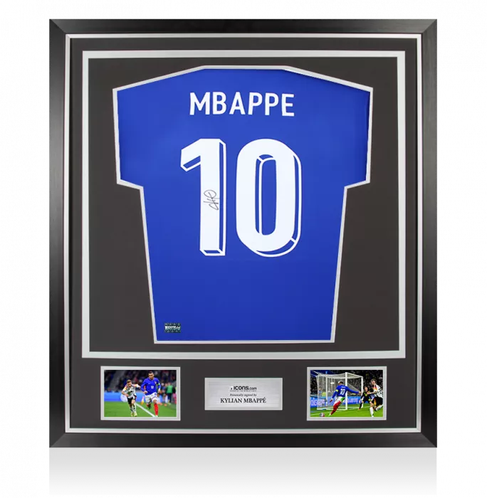 icons Kylian Mbappe Back Signed France 2024 Home Shirt with Fan Style Numbers In Classic Frame
