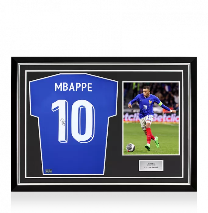 icons Kylian Mbappe Back Signed France 2024 Home Shirt with Fan Style Numbers In Hero Frame: Option 1