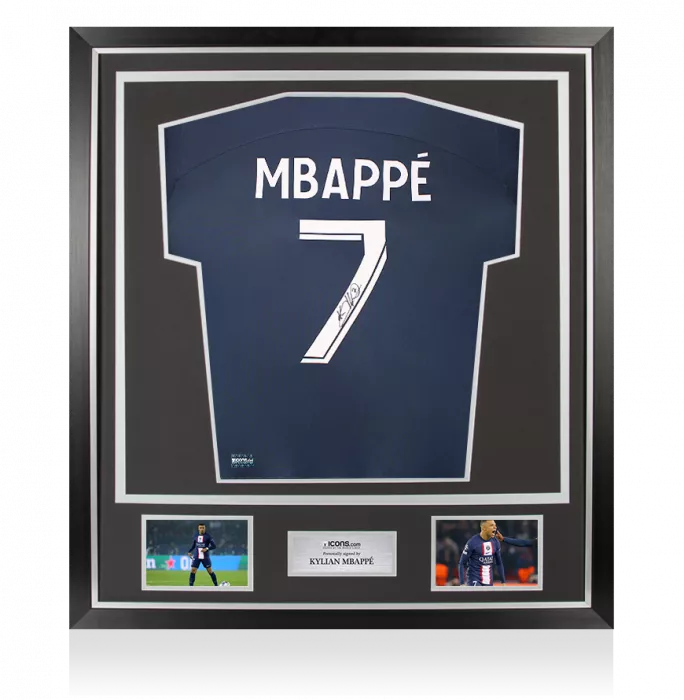 icons Kylian Mbappe Back Signed Paris Saint-Germain 2022-23 Home shirt with Fan Style Numbers In Classic Frame