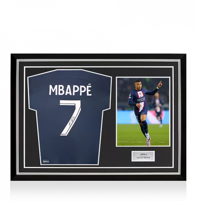 icons Kylian Mbappe Back Signed Paris Saint-Germain 2022-23 Home Shirt with Fan Style Numbers In Hero Frame: Option 1