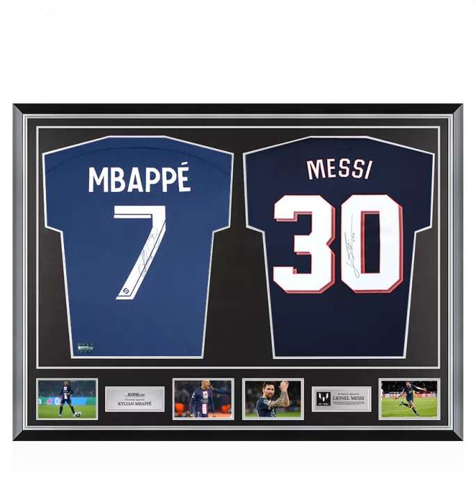 icons Kylian Mbappe & Lionel Messi Back Signed Paris Saint-Germain Home Shirts In Classic Dual Frame