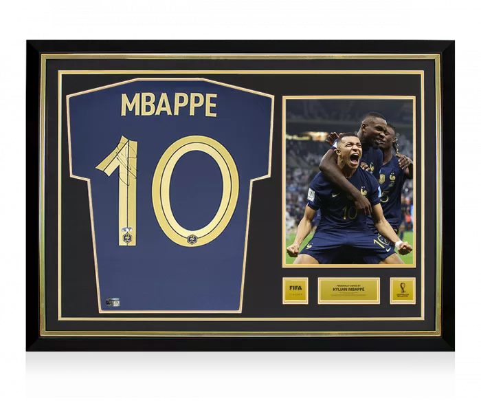 icons Kylian Mbappe Official 2022 FIFA World Cup™ Back Signed and Hero Framed France 2022 Home Shirt