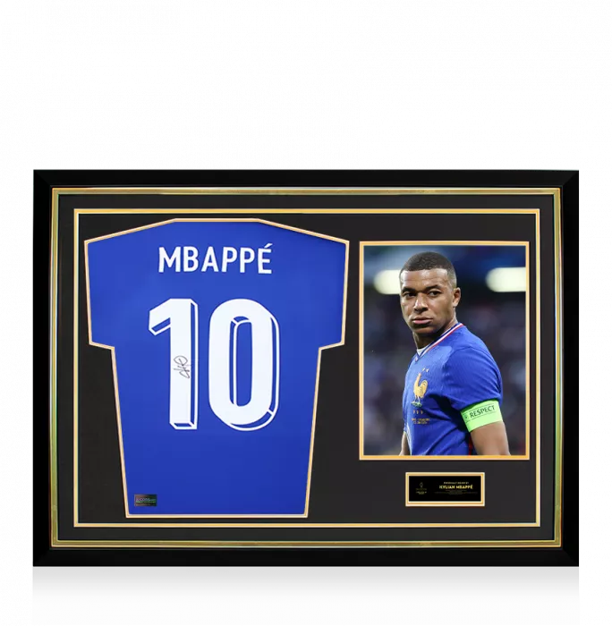 icons Kylian Mbappe Official Ballon d'Or™ Back Signed and Hero Framed France 2024 Home Shirt with Fan Style Numbers: 2024 Gerd Müller Trophy Winner