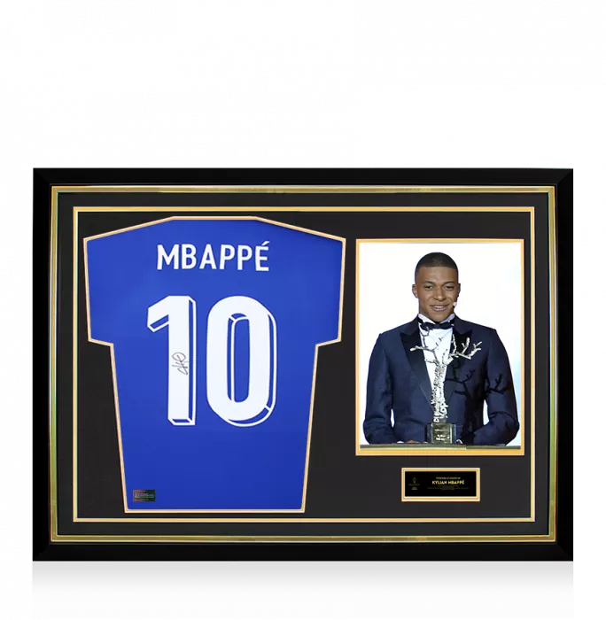 icons Kylian Mbappe Official Ballon d'Or™ Back Signed and Hero Framed France 2024 Home Shirt with Fan Style Numbers: 2018 Kopa Trophy Winner