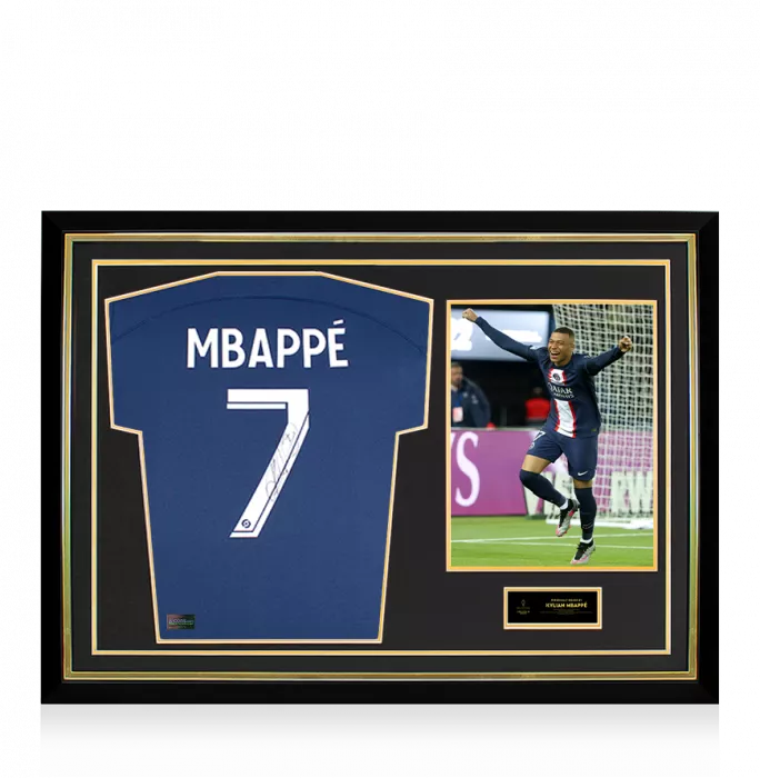 icons Kylian Mbappe Official Ballon d'Or™ Back Signed and Hero Framed Paris St-Germain 2022-23 Home Shirt: 2024 Gerd Müller Trophy Winner