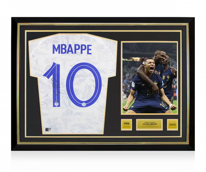 icons Kylian Mbappe Official FIFA World Cup™ Back Signed and Hero Framed France 2022 Away Shirt